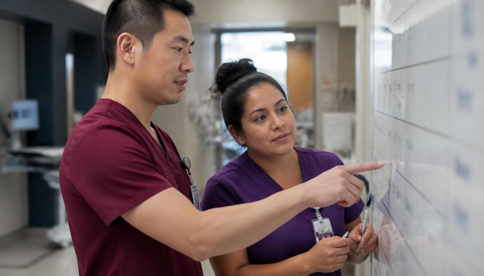 Two nurses reviewing a hospital unit assignment whiteboard together