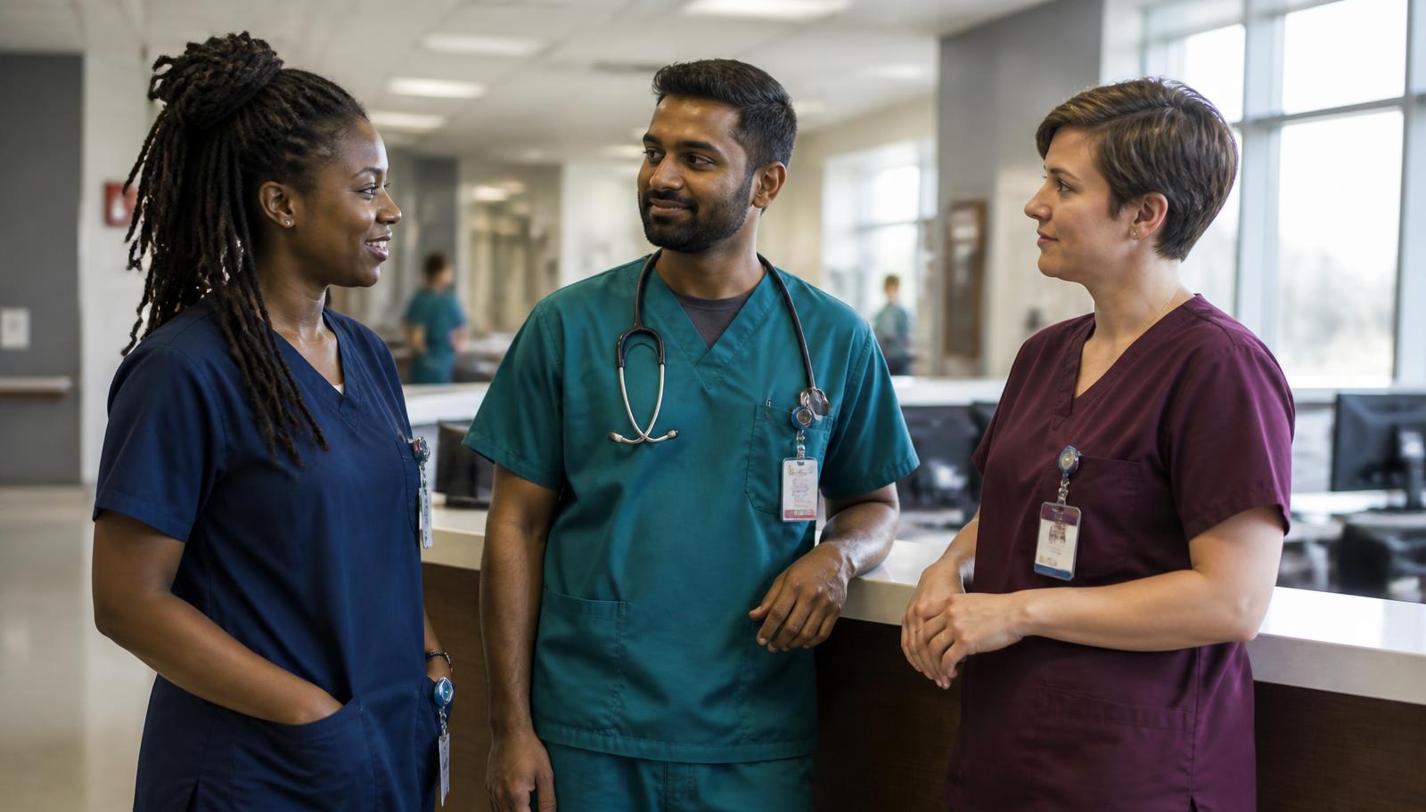 Three nurses in scrubs conferring over notes at a hospital nurses' station