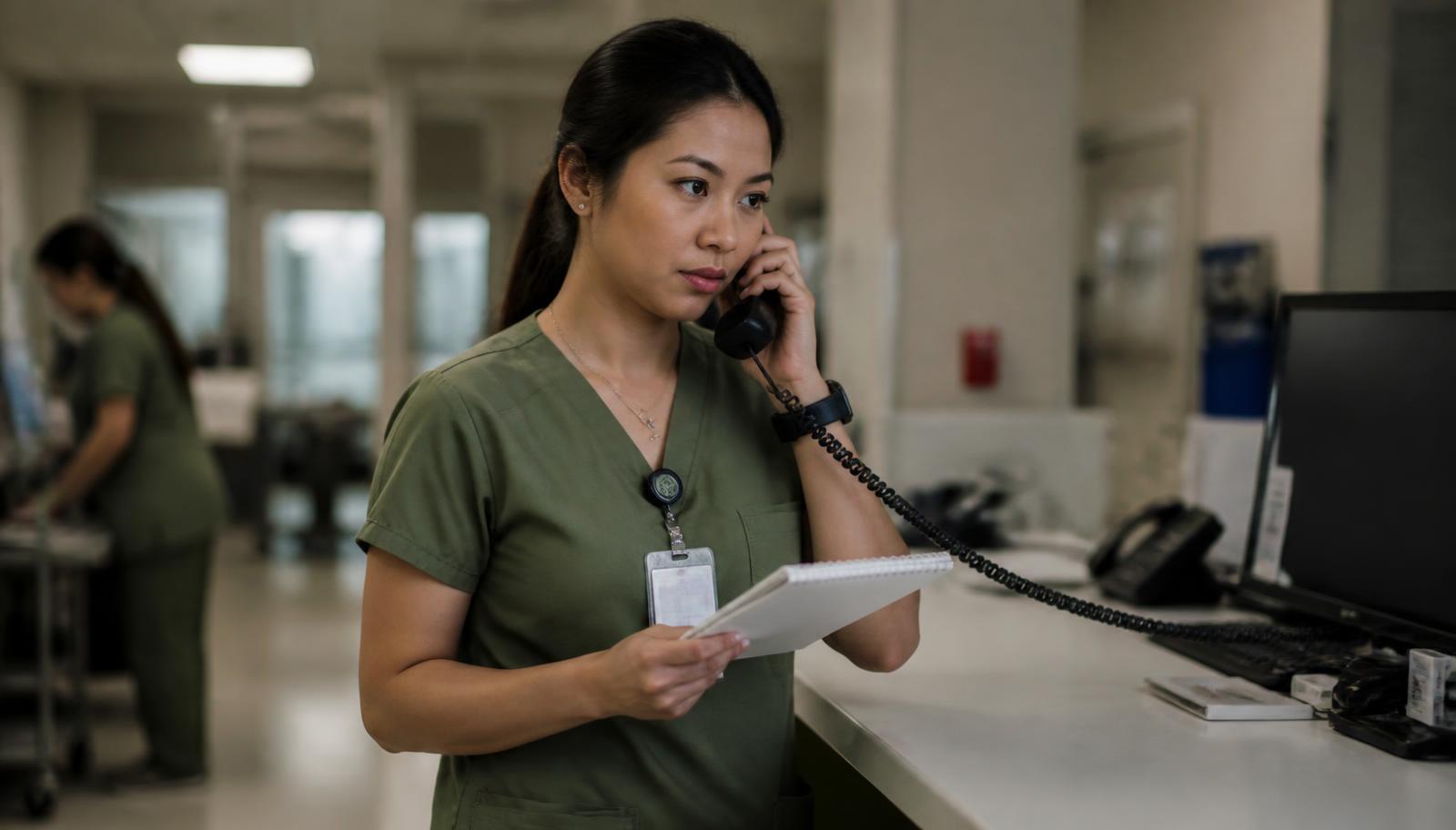 Nurse in scrubs on the phone at a hospital workstation, reading from her notes