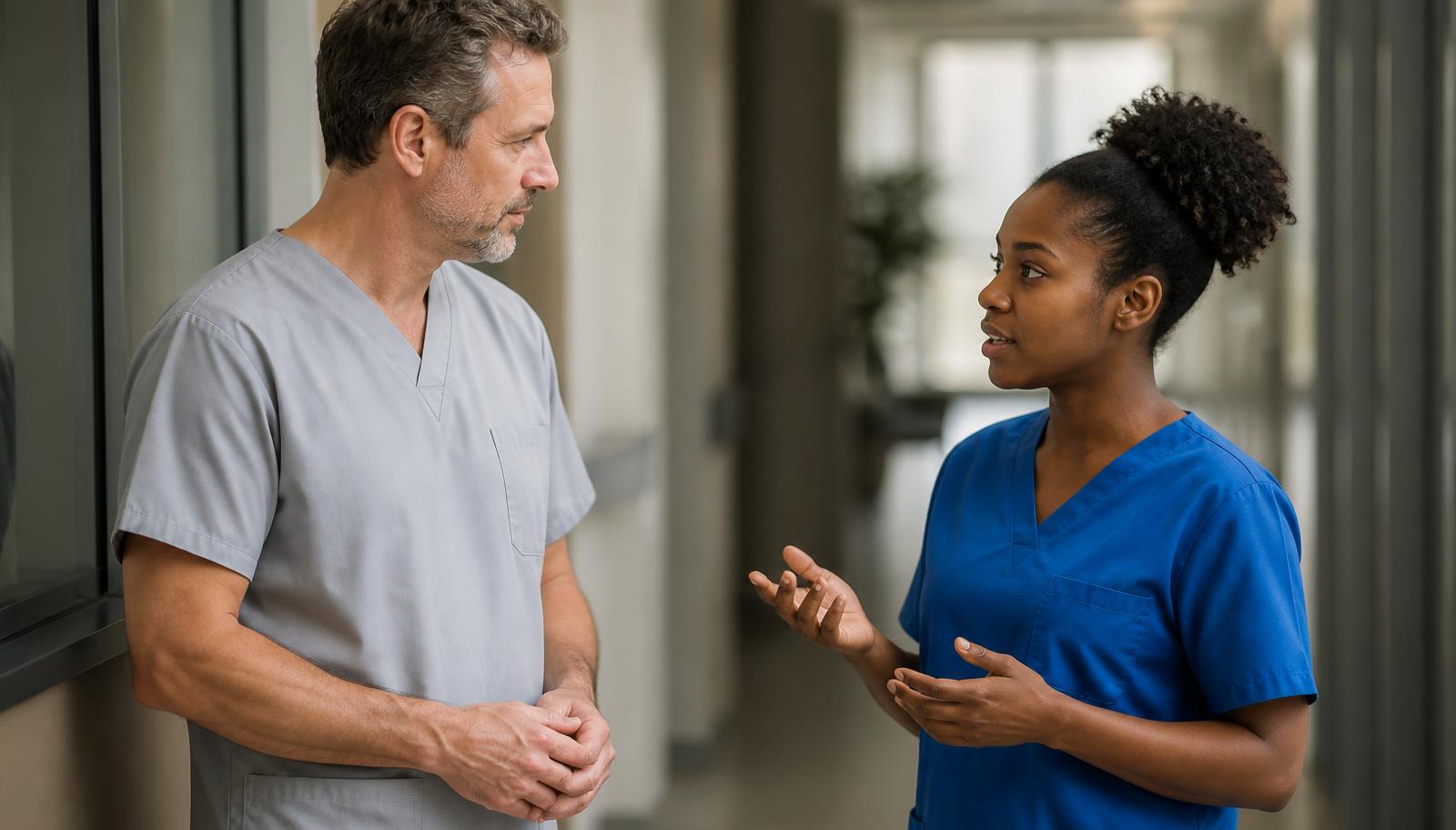 Two nurses talking calmly in a hospital hallway